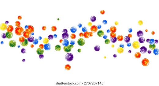 Complexo de vitaminas e minerais. Multivitamínicos complementam comprimidos redondos coloridos espalhados. Tratamento de beleza e nutrição cuidados com a pele.   Conceito de bem-estar. Ilustração essencial do vetor de vitaminas. 