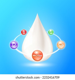 Vitamins Minerals complex and protein in milk. Nutrients ring surrounds the milk droplets. Essential amino acids for body health. Products design supplement food. 3D realistic isolated. Vector EPS10.