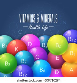 Concepto de vitaminas y minerales Ilustración vectorial de bolas brillantes multicolores. Colores vívidos Anuncio de Web Plantilla de diseño de anuncios