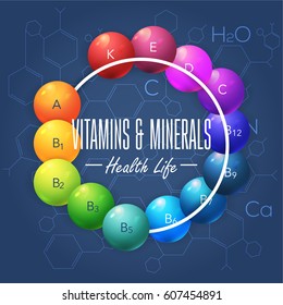 Vitamins and Minerals Concept Multicolored Shine Balls Vector Illustration. Vivid Colors Web Banner Ad Design Template