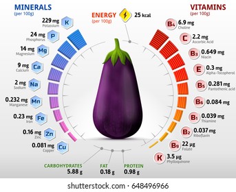 Vitamins and minerals of eggplant fruit. Infographics about nutrition facts in raw aubergine