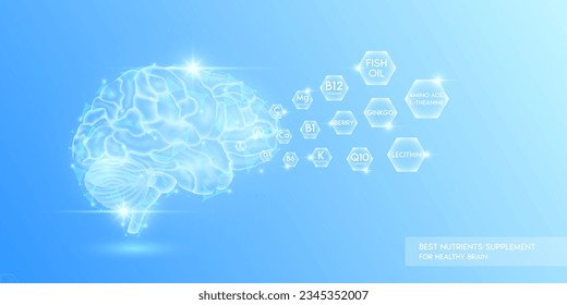 Vitamins minerals fish oil amino acid and berry ginkgo in hexagon absorbed into the brain. Best nutrients supplement for healthy brain. Health care medical. Human organ translucent. Vector.