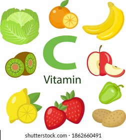 Vitamins and Minerals food Illustrations. Infographic vitamin C product set orange, parsley, strawberry, lemon, spinach. Healthy lifestyle and diet vector concept