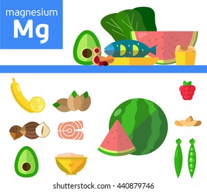 Vitamins and Minerals foods Illustration. Vector set of magnesium rich foods. Watermelon, avocado, banana, raspberry, pistachio, fish, filbert