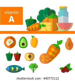 Vitamins and Minerals foods Illustration.Vector set of  A rich foods. Milk, carrot, avocado, eggs, fish, peach, pumpkin, mango