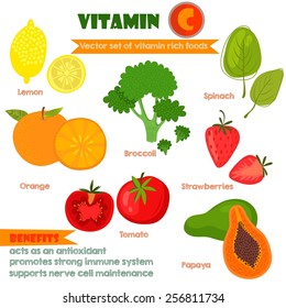 Vitamins and Minerals foods Illustrator set 1.Vector set of vitamin rich foods.Vitamin C-lemon, broccoli, oranges, spinach, strawberries, tomato and papaya