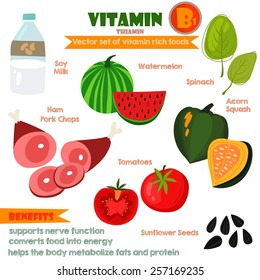 Vitamins and Minerals foods Illustrator set 6.Vector set of vitamin rich foods. Vitamin B-spinach, soy milk, watermelon, tomatoes, sunflower seeds,pork chops and acorn squash