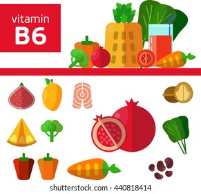 Vitamins and Minerals foods Illustrator set. Vector set of B6 rich foods. Pomegranate, carrot, fig, mango, pineapple, tomato juice, broccoli