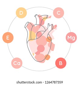 Vitamins and minerals for healthy heart. Micro and macro elements and vitamins in a circular scheme: D, E, Ca, C, B, Mg and other vector elements. Abstract illustration in red and pink colors. 