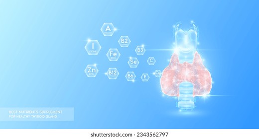 Vitamins minerals with iodine in hexagon absorbed into the thyroid gland goiter treatment. Best nutrients supplement for healthy. Health care medical innovation. Human organ translucent. Vector.