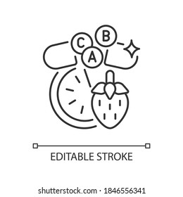 Vitamins and minerals linear icon. Pharmaceutical supplement for dietary. Healthy eating. Thin line customizable illustration. Contour symbol. Vector isolated outline drawing. Editable stroke