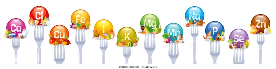 Vitamins and minerals, nutrition supplements icons. Multi complex of calcium, zinc, iron, magnesium, selenium and phosphorus. Minerals and food products on forks, vector cartoon illustration