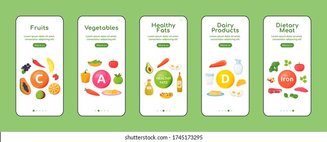 Vitamins and minerals onboarding mobile app screen flat vector template. Healthy food products. Walkthrough website steps with objects. UX, UI, GUI smartphone cartoon interface, case prints set