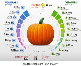 Vitamins and minerals of pumpkin. Infographics about nutrients in winter squash. Qualitative vector illustration about pumpkin, vitamins, vegetables, health food, nutrients, diet, etc