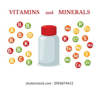 Equipo de vitaminas y minerales. Icono de vector de multivitamina y nutrición burbuja realista con símbolos químicos, ilustración aislada. Frasco de envase de farmacia para pastillas y cápsula.