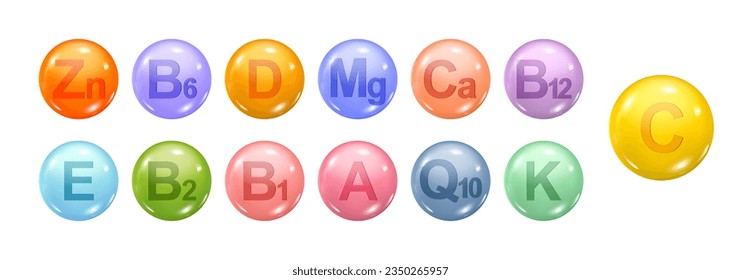 Vitamins and nourishment supplements for body health, realistic illustration collection. ZN zinc and CA calcium, MG magnesium and B12 elements for organism wellbeing. Isolated icons