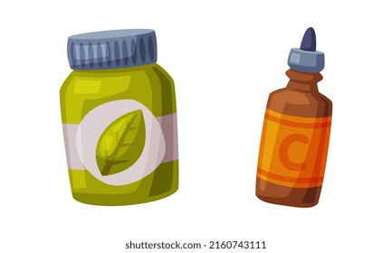 Vitamine, Nahrungsergänzungsmittel Set. Gesunde Ernährung, Vektorgrafik