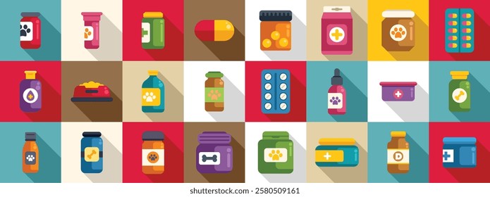  Vitamins pets icons set. Colorful assortment of veterinary medicine, pills, bottles, and pet food, representing pet care and healthcare