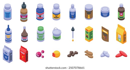 Vitamins pets icons set. Large set of pet supplements, showing a variety of food and medicine for cats and dogs