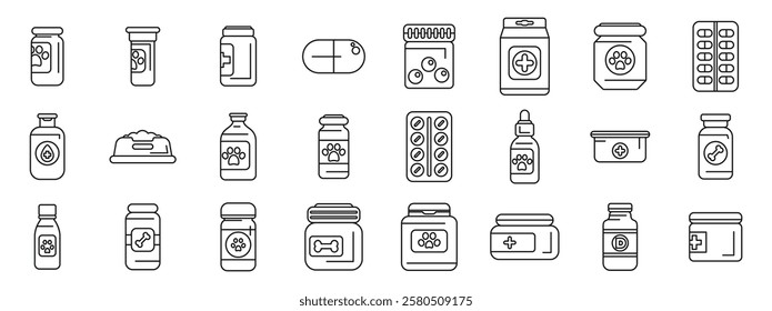  Vitamins pets icons set. Maintaining canine health with a variety of supplements, medications, and nutritious food options