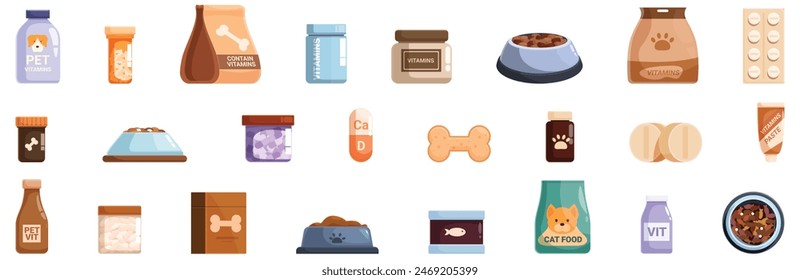 Vitamins pets icons set vector. A collection of pet supplies including dog food, medicine, and toys. Concept of care and responsibility for pets