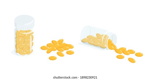 Vitamins, pills in bottle. Omega-3 gel capsule, fish oil, collagen essence, vitamin A, E.Medical container for tablets. Vector illustration isolated on white background