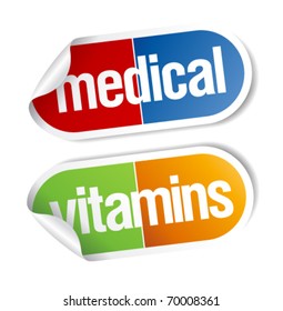 Vitamins, pills medical stickers set.