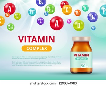 Vitamins poster. Medical bottles with multivitamins mineral colored pills vector healthcare medical concept advertizing placard