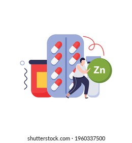 Vitamins in products composition with human character and images of medical pills containing zinc vector illustration