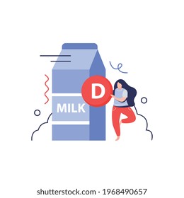 Vitaminas en composición de productos con envase de leche y mujer bailarina ilustración vectorial