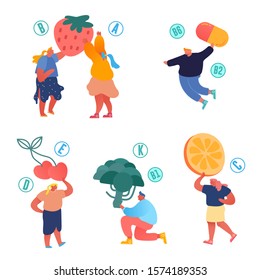 Vitamins in Products Concept. Healthy Lifestyle, Organic Food Choice Infographic. Fruits, Vegetables and Berries as Source of Energy and Health, Vegetarian Diet. Cartoon Flat Vector Illustration
