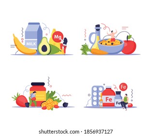 Vitamins in products concept icons set with food symbols flat isolated vector illustration 