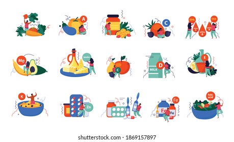 Vitamins in products flat color set of different healthy food rich of vitamin A C D K and minerals isolated vector illustration