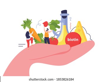 Vitamins in products in hand concept with biotin symbols flat vector illustration 