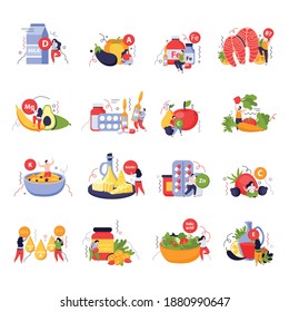 Vitamins in products icons set with fruit and vegetables flat isolated vector illustration