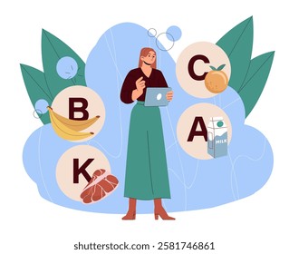 Vitamins in products. Woman studying vitamins B, C, K and A. Healthy lifestyle, proper diet and nutrition. Banana, meat and milk. Vitaminized eating. Flat vector illustration