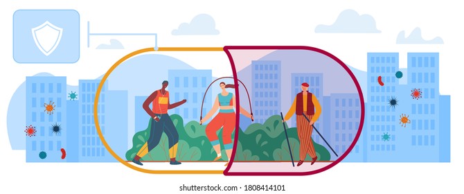 Vitamins protection vector illustration. Cartoon flat active athlete people in sports activity protect health with vitamin supplement tablet pills for detox fitness diet, healthy lifestyle background