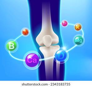 Vitamins revolve around the bones and lower legs. Nutrients for joints knee and bones. Vector illustration for multivitamin ads medicine and healthy.