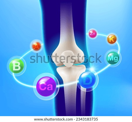 Vitamins revolve around the bones and lower legs. Nutrients for joints knee and bones. Vector illustration for multivitamin ads medicine and healthy.
