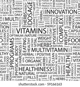 VITAMINS. Seamless vector background. Illustration with different association terms.