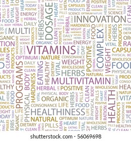 VITAMINS. Seamless vector pattern with word cloud. Illustration with different association terms.