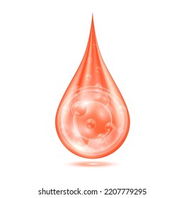 Vitamins serum water drop isolated on white background. Solution complex orange shining with oxygen bubbles. Beauty skin care cosmetics. Medical scientific concepts. 3D Realistic Vector.