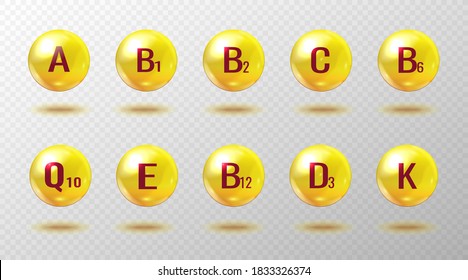 Vitamins set. Pharmaceutical icons. Vitamin A, B1, B2, B6, B9, B12, C, D3, E, Q10, K. Vitamin complex.  