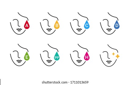 Vitaminas para la piel: Iconos vectoriales A, B, C, E, D, PP, H