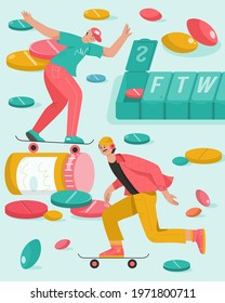 Vitamins and sports dietary supplements concept. Skateboarders among huge blisters and boxes of pills. Medicines in pharmacy, improve immunity, active healthy lifestyle. Vector character illustration