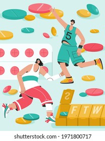 Vitamins and sports dietary supplements concept. Basketball players among huge blisters and boxes of pills. Medicines in pharmacy, improve immunity, healthy lifestyle. Vector character illustration