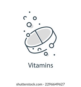 vitamins or sugar substitute, water bubbles, thin line symbol on white background,soluble tablet icon, effervescent pill