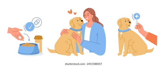 Vitaminas y suplementos para animales. Propietario de mascotas dando la píldora al perro por separado o mezclar la droga con la comida. Medicina veterinaria y concepto de cuidado de mascotas. Ilustración vectorial 