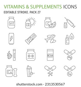 Vitamins and supplements line icon set, health collection, sports supplements vector graphics, logo illustrations, minerals vector icons, nutritional supplements signs, outline pictograms