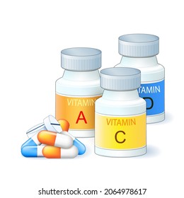 Vitamins, supplements, nutrition pills, capsules and bottles. Medical container for tablets. Drug medication and Essential trace elements collection. Realistic style of  Vector illustration